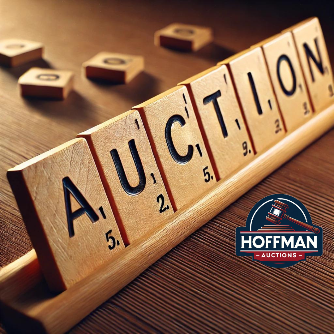 The word auction spelled out in scrabble tiles